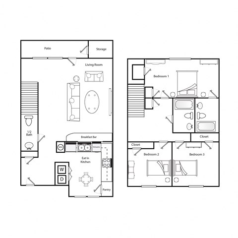 C1 3 bedroom income restricted floor plan at Broadwater Townhomes Apartments